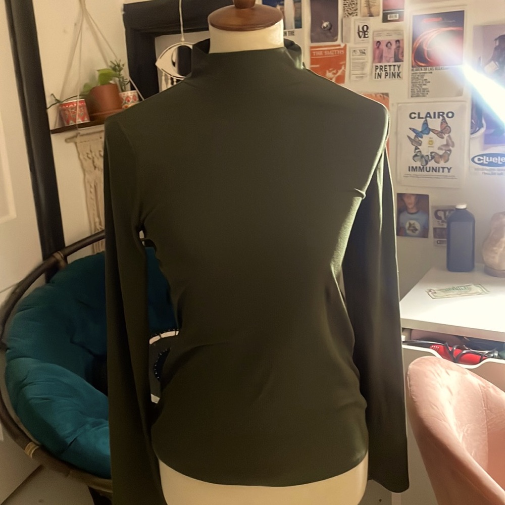 tight fitting army green ribbed turtle neck